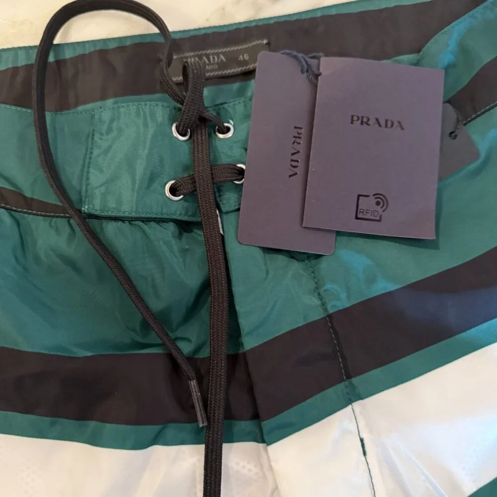 PRADA UB334 Men's Green Boxer Baiadera Nylon Striped Swim Suit Sz. 50- 34
